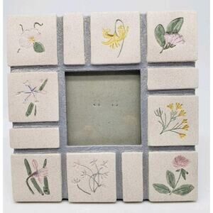 VTG Malden Hand Painted Picture Frame Tile Stone‎ Botanical Flowers Herbs Square